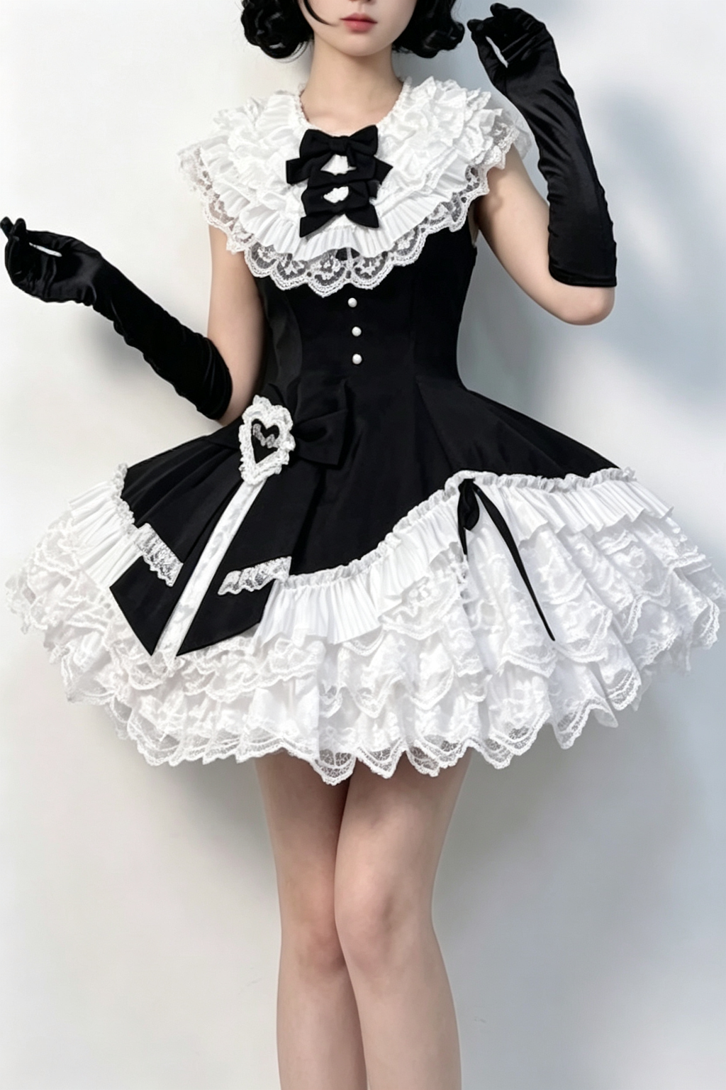 Black/White Miss Tsundere Sleeveless Multi-Layered Ruffle Bowknot Lace Asymmetric Sweet Princess Lolita Dress