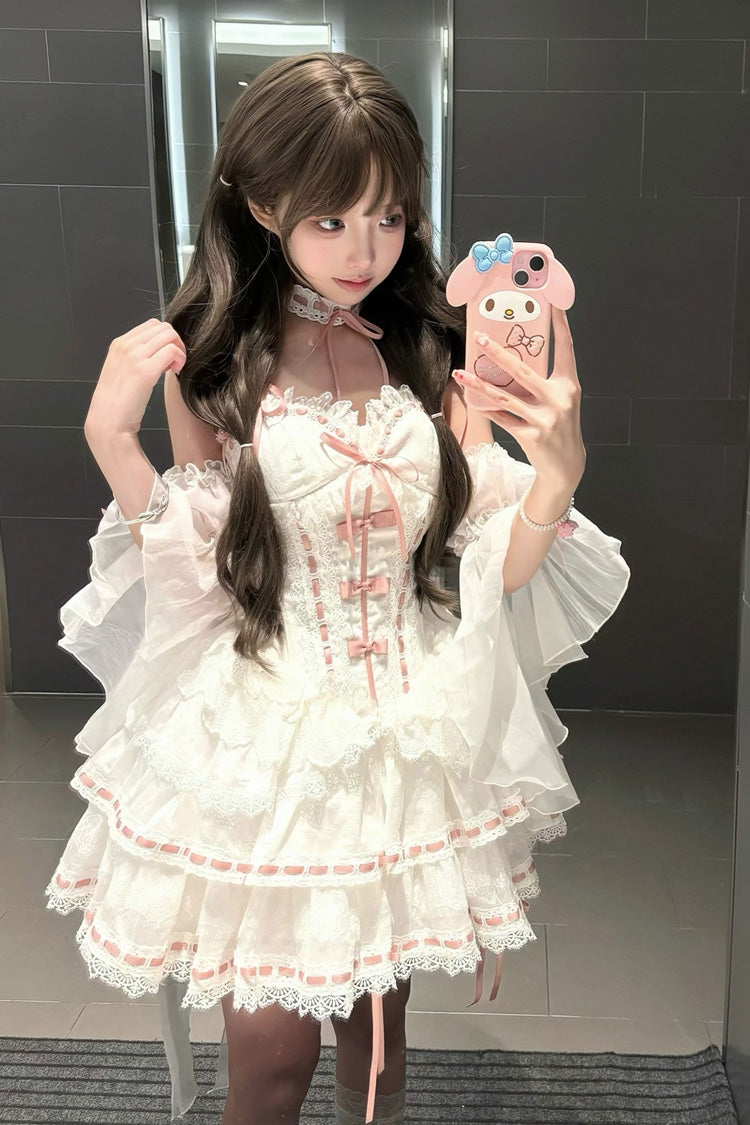 White Little Love Song Detachable Trumpet Sleeves Ruffle Bowknot Lace Sweet Lolita Top Skirt Set