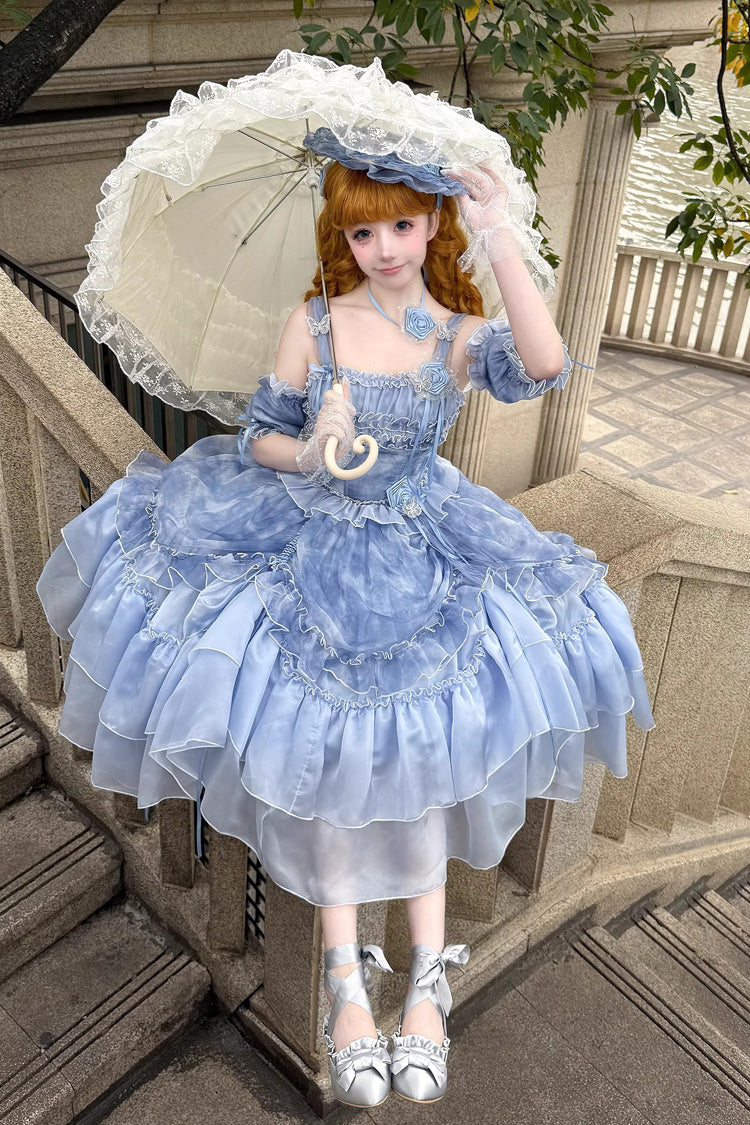 Goodnight Camellia Sleeveless Ombre Multi-Layered Printed Ruffled Lace Fishbone Sweet Lolita Jsk Dress 3 Colors