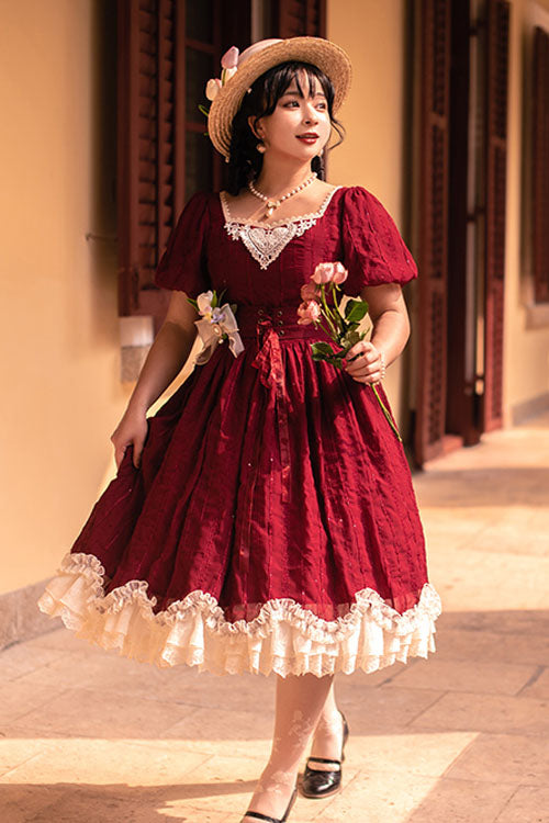 Wine Elegant Vintage Square Collar Short Sleeves Multi-Layer Ruffled Classic Lolita OP Dress