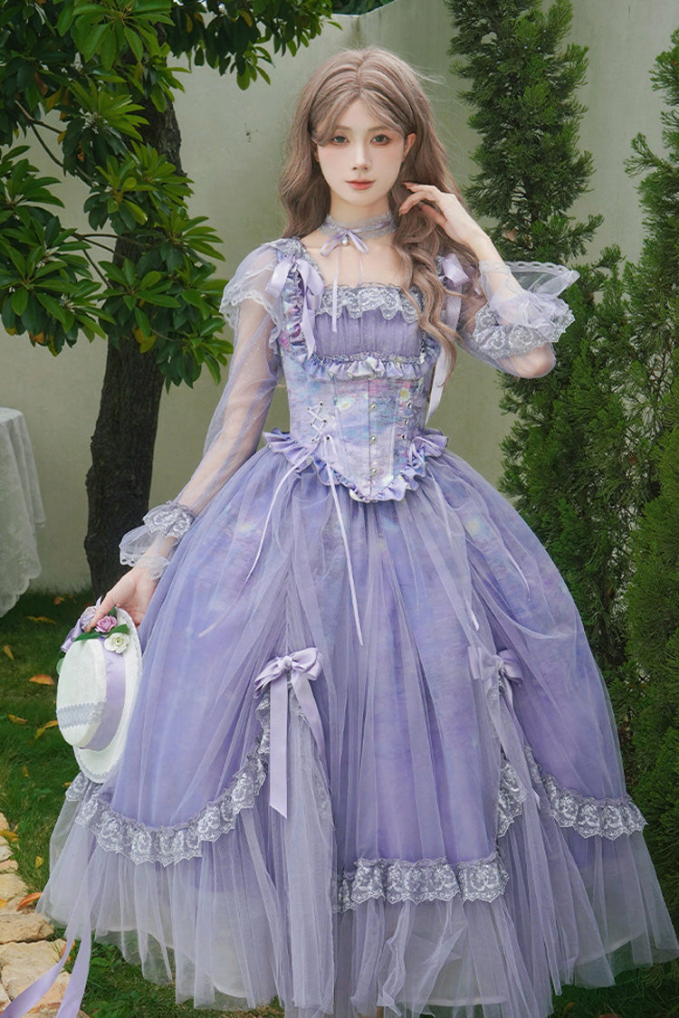 Purple Square Collar Long Sleeves Ruffle Bowknot Lace Fishbone Sweet Lolita Dress