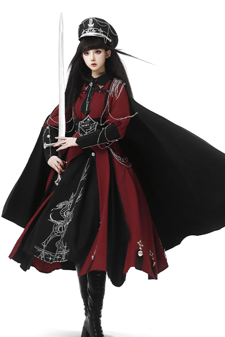 Red/Black Scarlet Night Knight Metal Chain Print Bowknot Gothic Military Elegant Lolita Dress