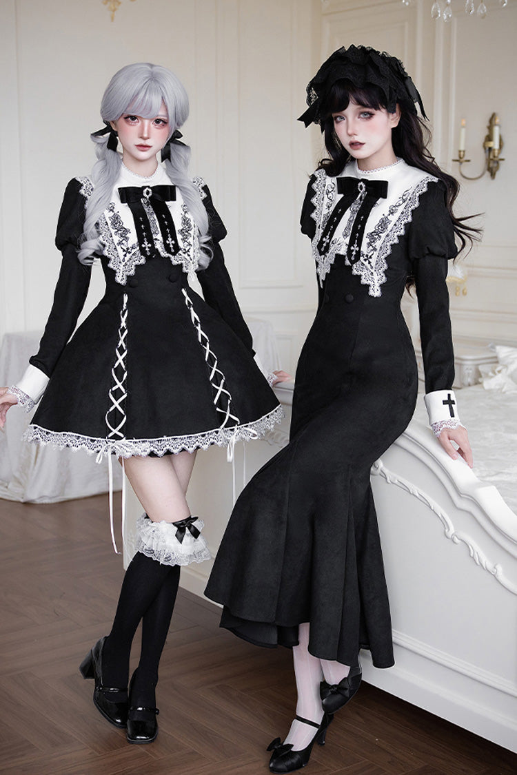 Black/White Rose Doll Square Collar Long Sleeves Bowknot Lace-Up Gothic Lolita Dress Set 2 Versions
