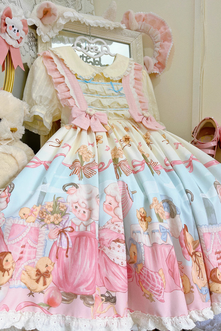 Blue/Pink Sheep Waltz Print Ruffle Bowknot Lace Sweet Lolita Jsk Dress