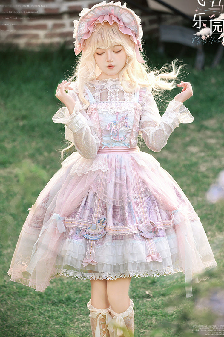 Pink/Blue Pegasus Park Multi-Layered Print Ruffle Bowknot Lace Sweet Gorgeous Lolita Jsk Dress