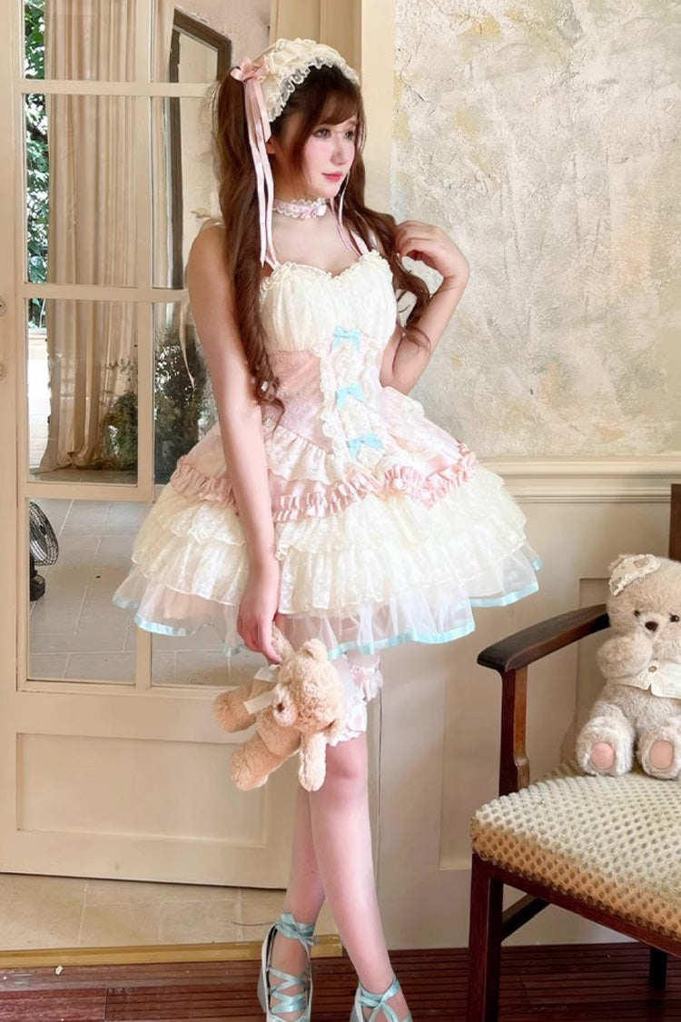 Pink/Beige Sweet Dream Peach Sleeveless Multi-Layered Ruffle Bowknot Lace Sweet Ballet Lolita Jsk Dress