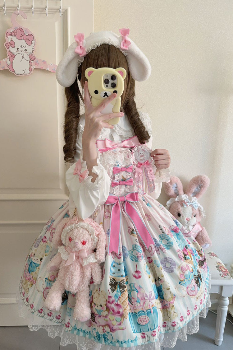 White Floral Whisper Bear Print Ruffle Bowknot Lace Sweet Princess Lolita Jsk Dress