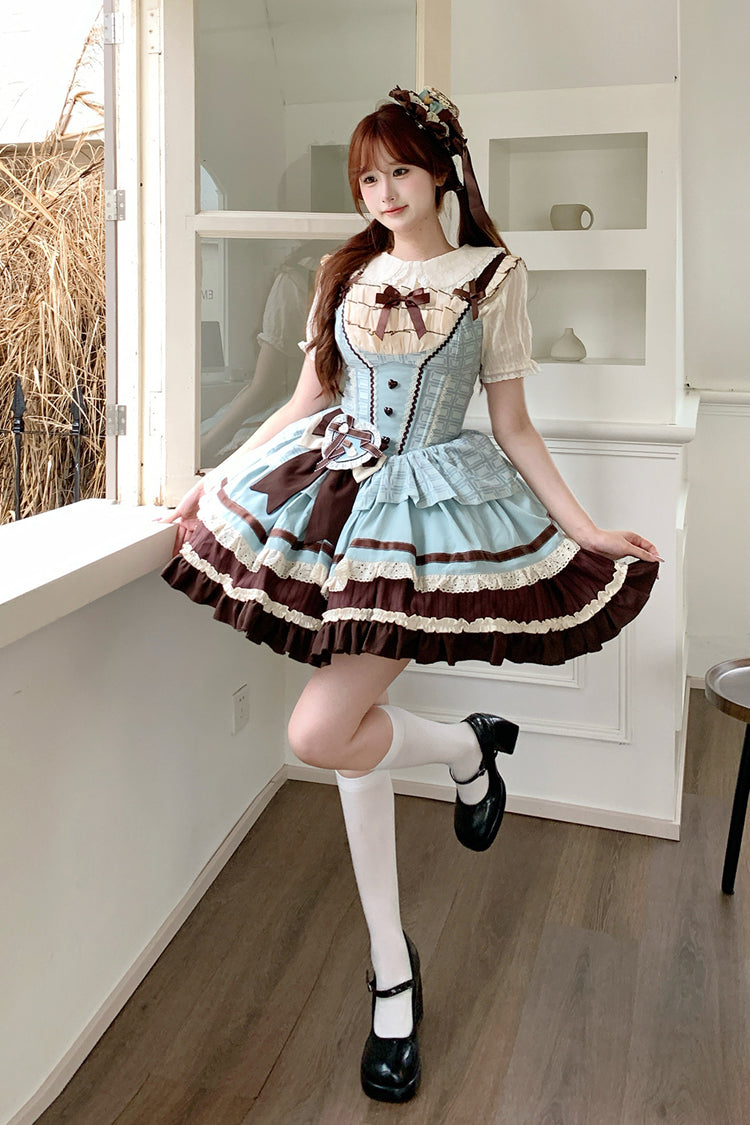 Green/Brown Mint Chocolate Sleeveless Triple-Layered Ruffle Bowknot Sweet Lolita Jsk Dress