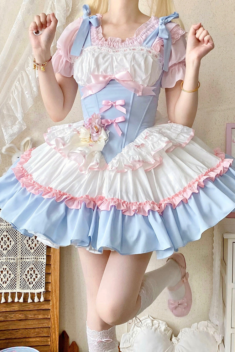 Light-Blue/Pink/White Fairy Tale Overture Triple-Layered Ruffle Bowknot Fishbone Sweet Ballet Lolita Dress