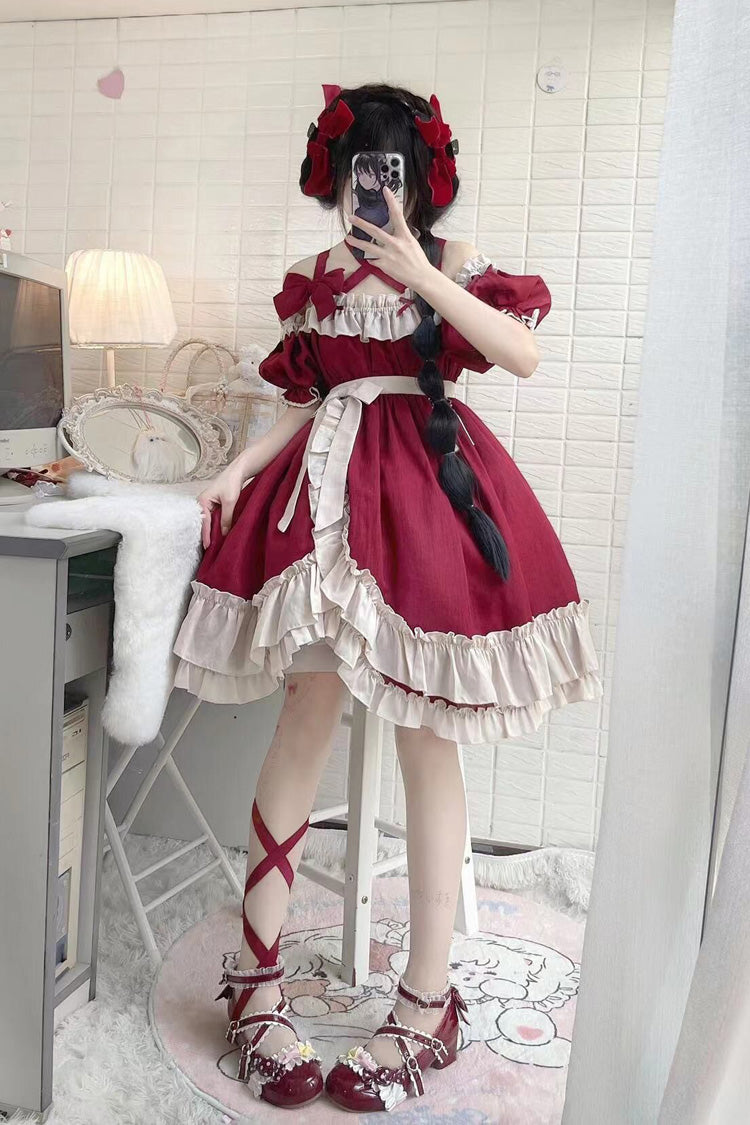Red Monet Estate Sleeveless High Waisted Ruffle Bowknot Asymmetric Gothic Lolita Jsk Dress