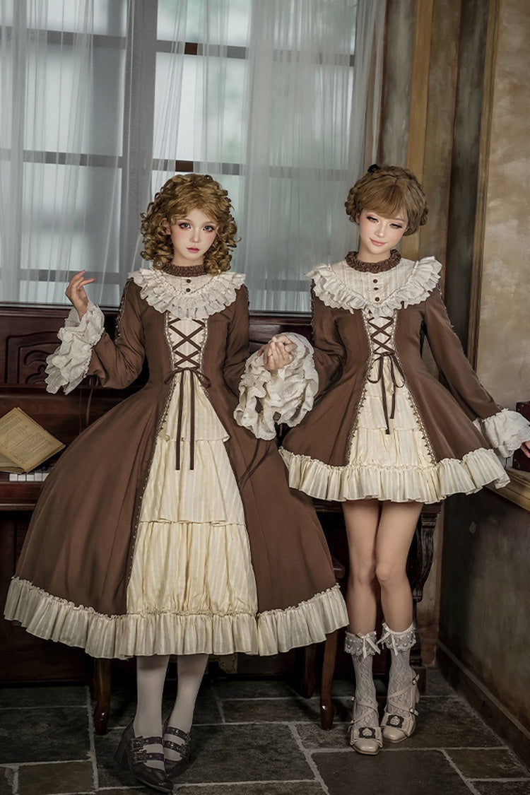 Brown/Beige Nutcracker Stand Collar Long Trumpet Sleeves Ruffle Cardigan Bowknot Lace-Up Sweet Lolita Dress Set 2 Versions
