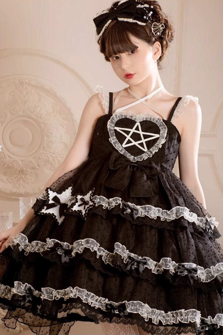 Black Du Meisha's Star Wish Sleeveless Triple-Layered Jacquard Ruffle Bowknot Sweet Gothic Lolita Jsk Dress