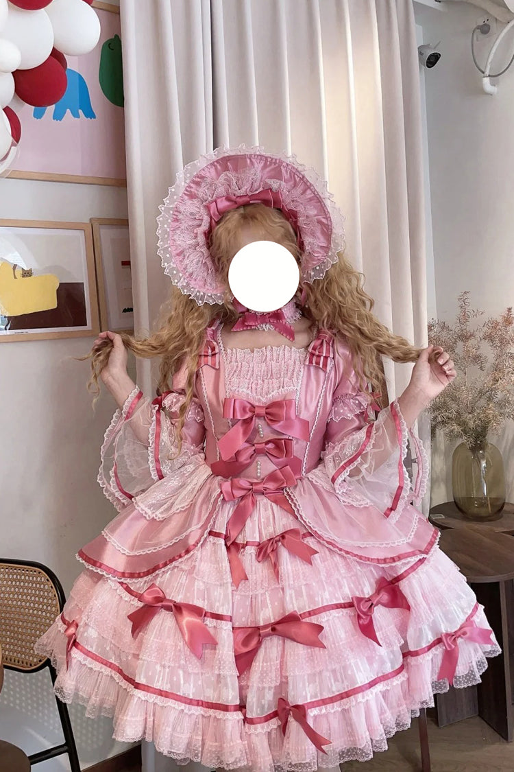 Pink Velvet Cake Long Trumpet Sleeves Multi-Layered Ruffle Bowknot Lace Sweet Lolita Dress