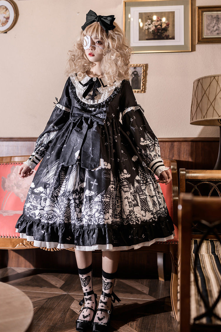 Black Castle Night Print Long Sleeves Ruffle Bowknot Gothic Lolita Dress