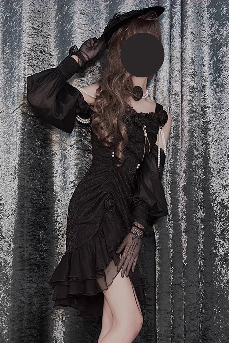 Black Camellia 2.0 Sleeveless Jacquard Ruffle Lace Asymmetric Gothic Chinese Style Fishtail Lolita Jsk Dress