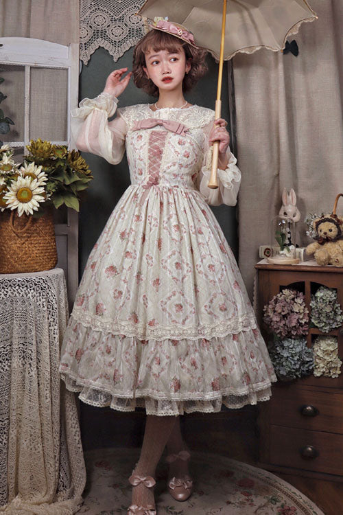 Pink Elegant Vintage Rose Print Multi-Layer Ruffled Sweet Lolita JSK Dress
