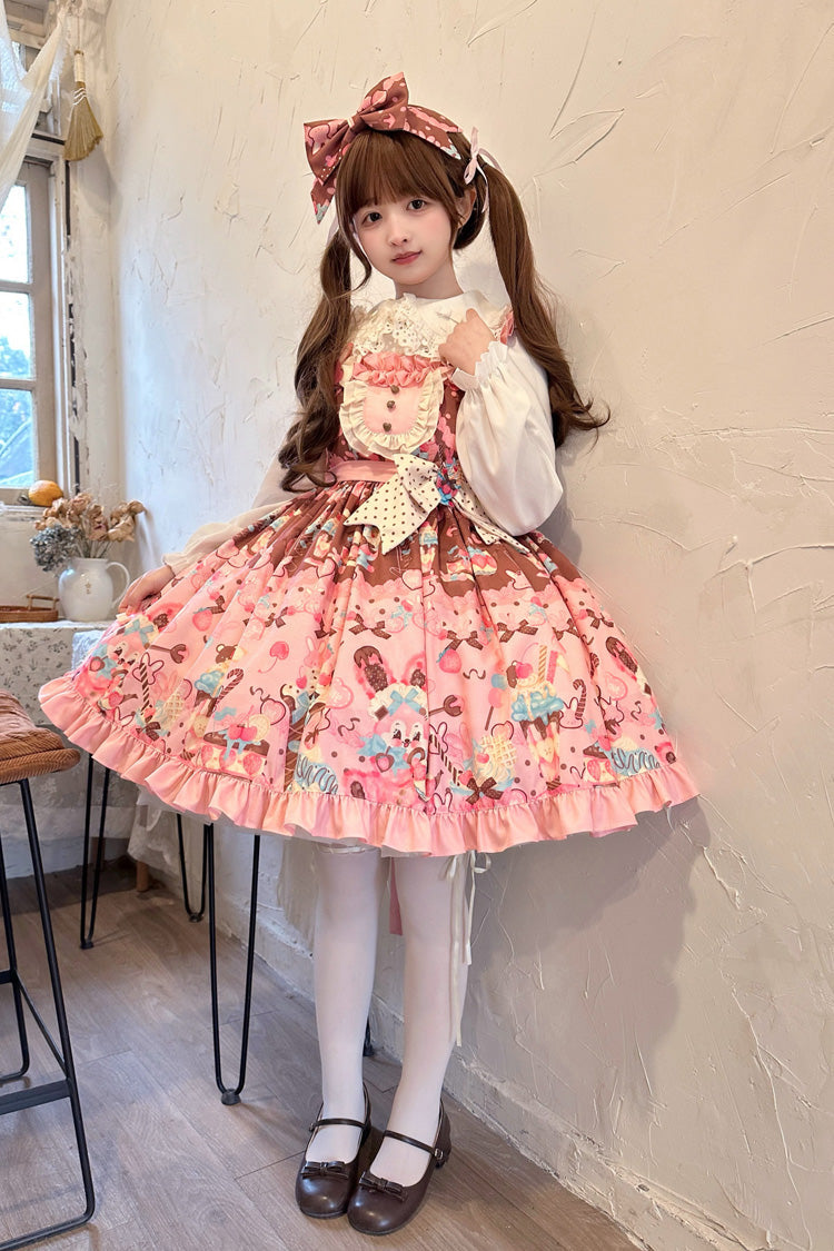Pink Bunny Tea Party Sleeveless Print Ruffle Bowknot Daily Sweet Lolita Jsk Dress