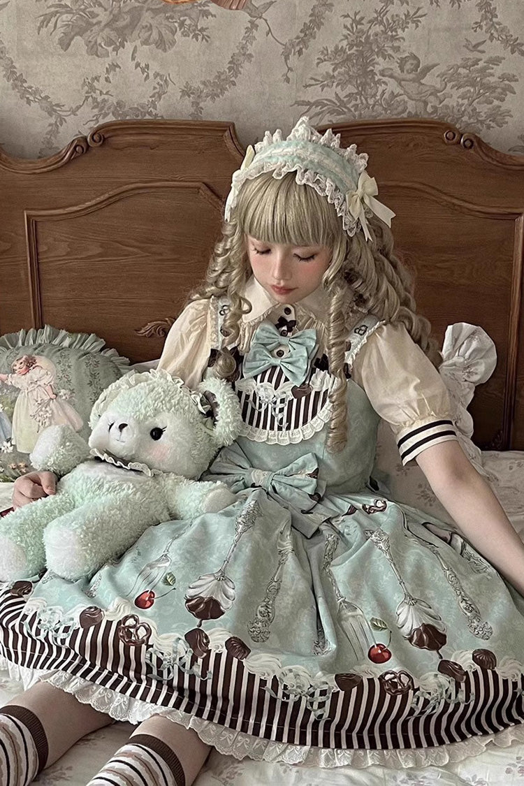 Green Chocolate Cherry Print Bowknot Sweet Lolita Jsk Dress