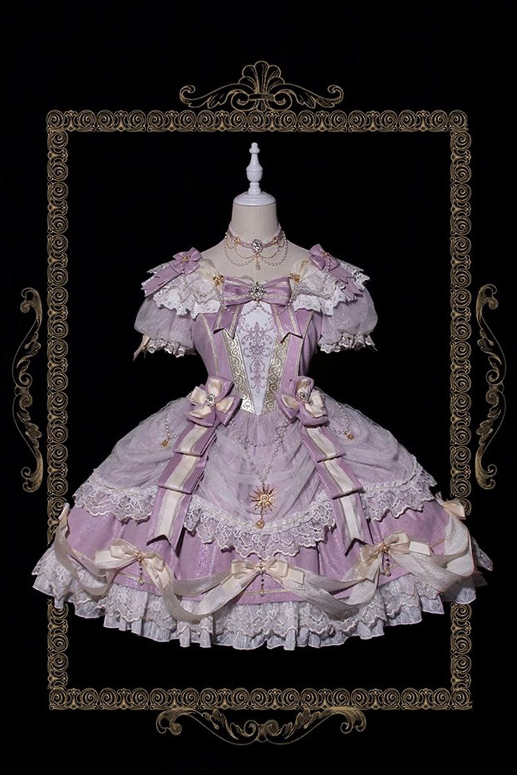 Purple Girls' Day Short Sleeves Multi-Layered Ruffle Bowknot Lace Sweet Lolita Dress 2 Versions