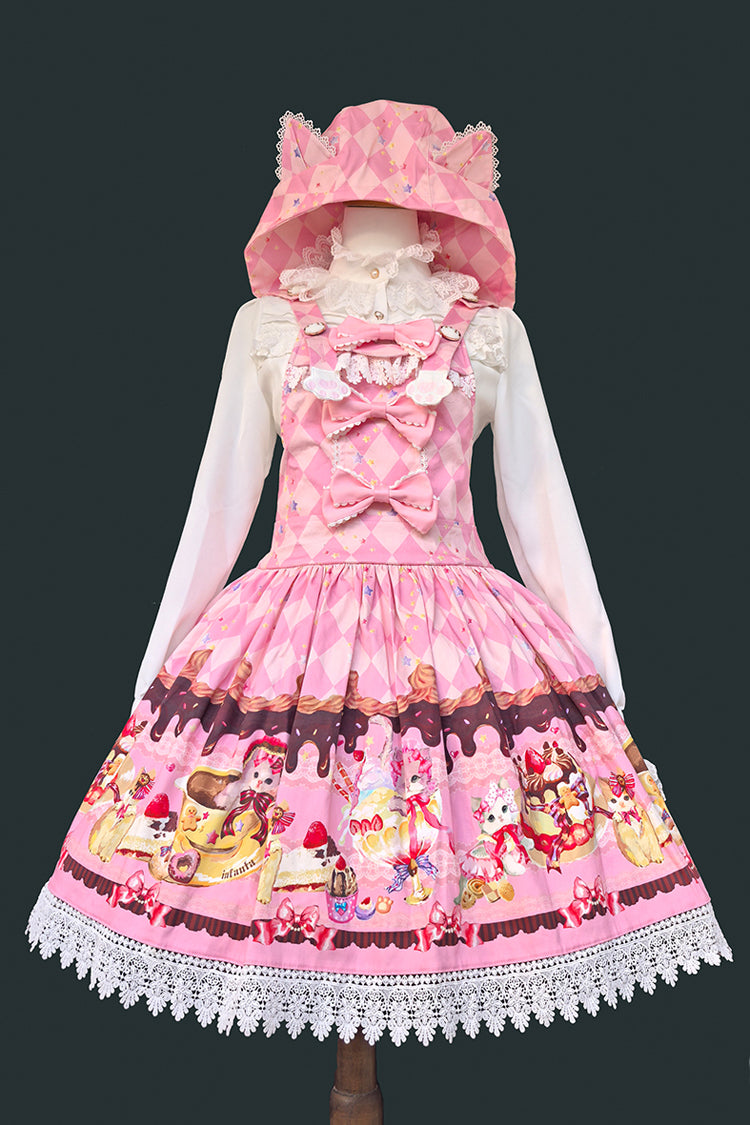 Cream Meow Sleeveless Print Bowknot Hooded Sweet Lolita Strap Dress 3 Colors