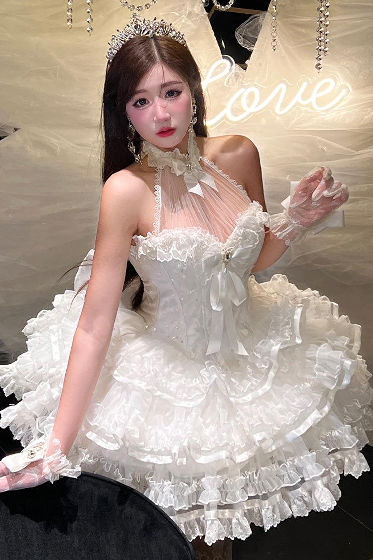 White Love God Bride Halterneck Ruffle Hanayome Bowknot Lace Sweet Princess Lolita Jsk Dress
