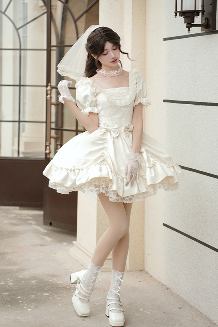 White Letters and Poems Square Collar Short Sleeves Ruffle Hanayome Bowknot Sweet Elegant Gorgeous Lolita Dress