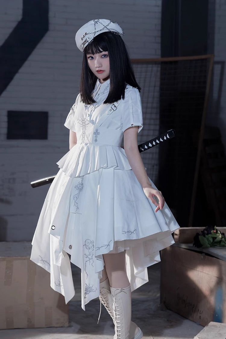 White Travelling Thorns Short Sleeves Print Gothic Elegant Lolita Dress