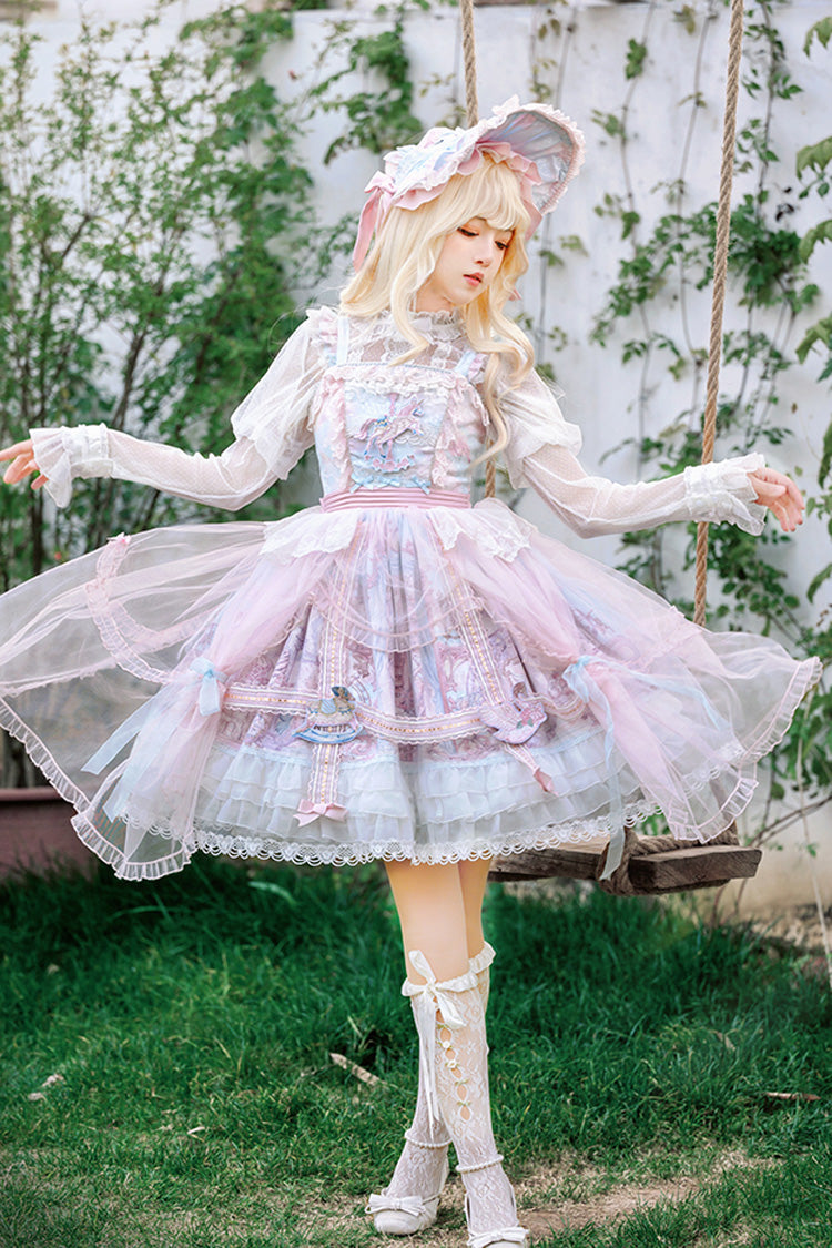 Pink/Blue Pegasus Park Multi-Layered Print Ruffle Bowknot Lace Sweet Gorgeous Lolita Jsk Dress