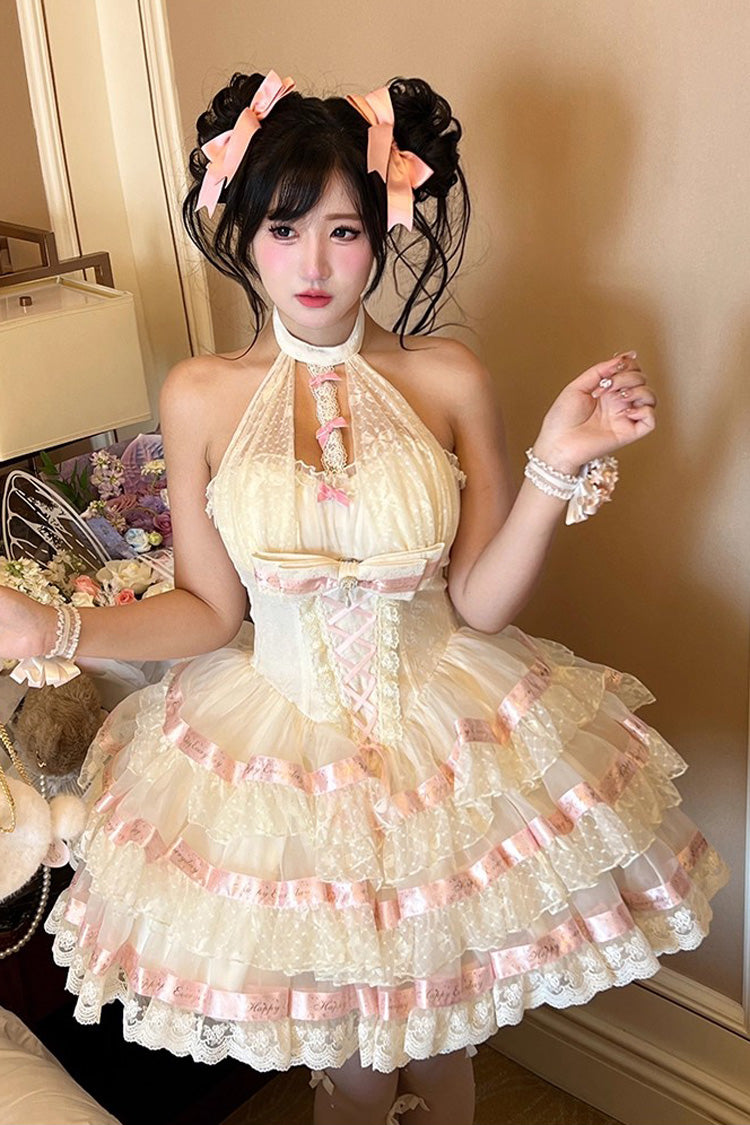 Beige Ballet Dream Halterneck Triple-Layered Ruffle Bowknot Lace-Up Sweet Princess Lolita Dress
