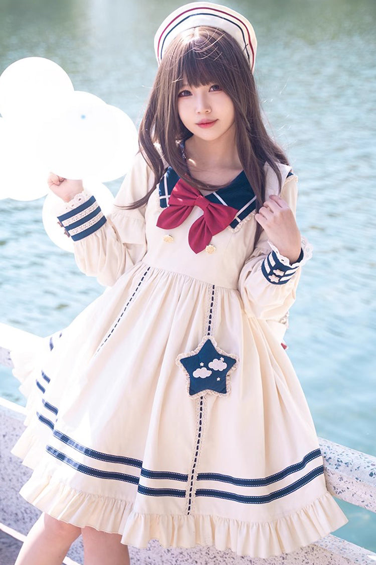 College Navy Style Bowknot Ruffle Long Sleeves Sweet Lolita Dress
