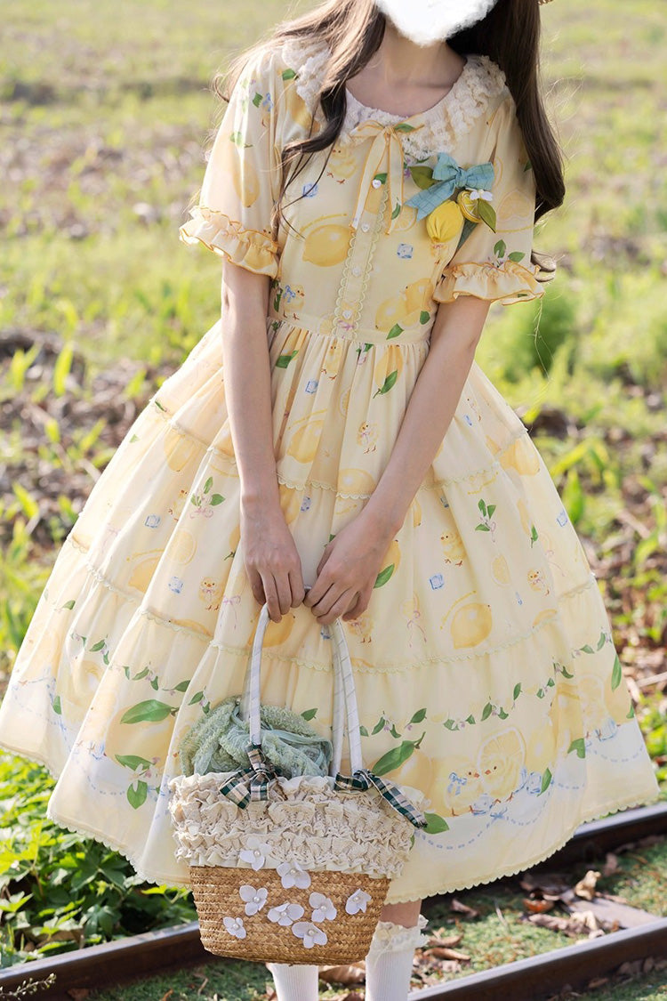 Yellow Lemon Chicken Short Sleeves Print Ruffle Bowknot Lace Daily Sweet Lolita Dress