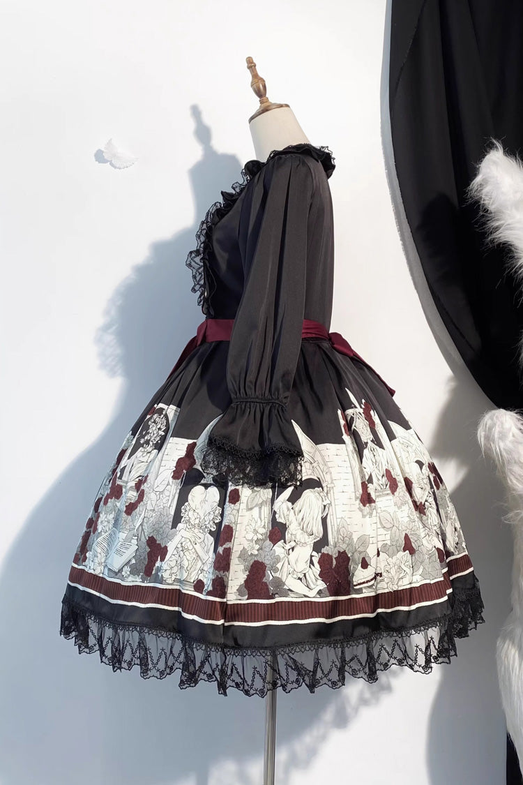 Black Alice of the Asylum Print Bowknot Lace Gothic Lolita Dress 2 Versions