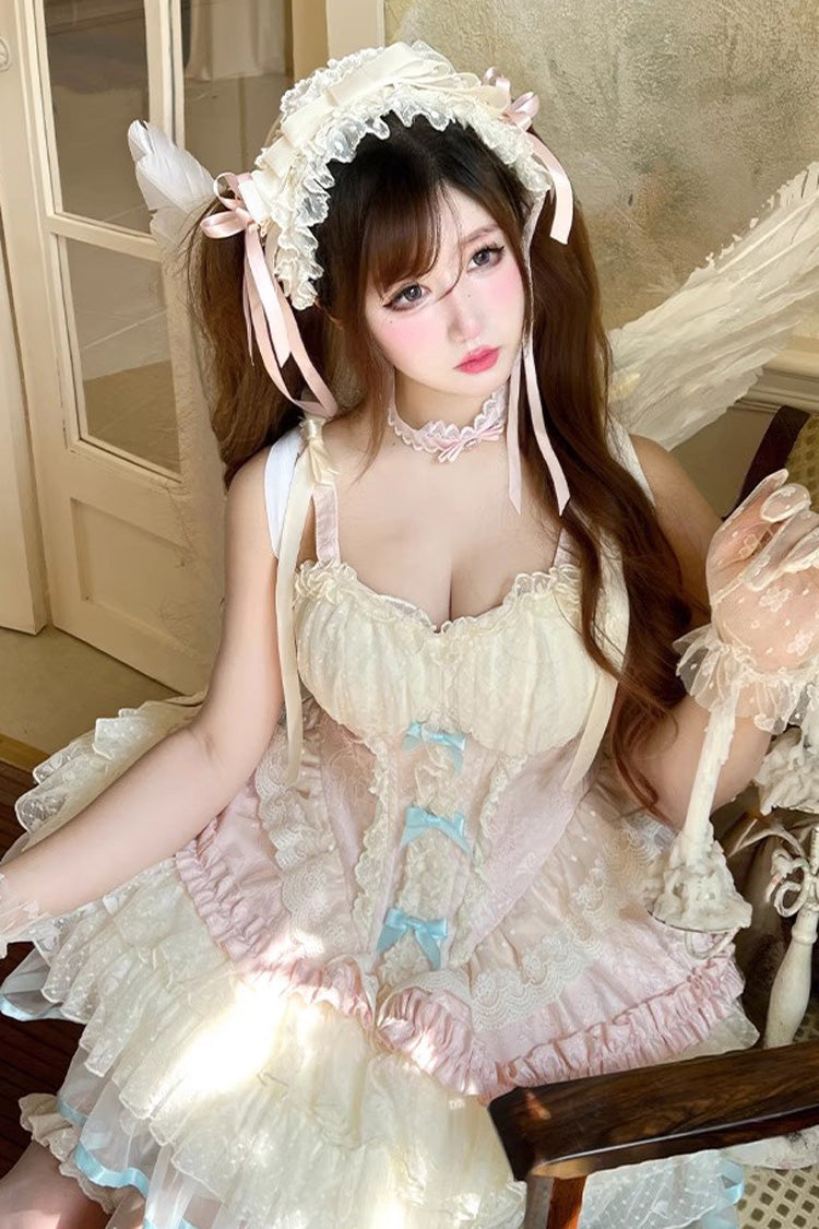 Pink/Beige Sweet Dream Peach Sleeveless Multi-Layered Ruffle Bowknot Lace Sweet Ballet Lolita Jsk Dress