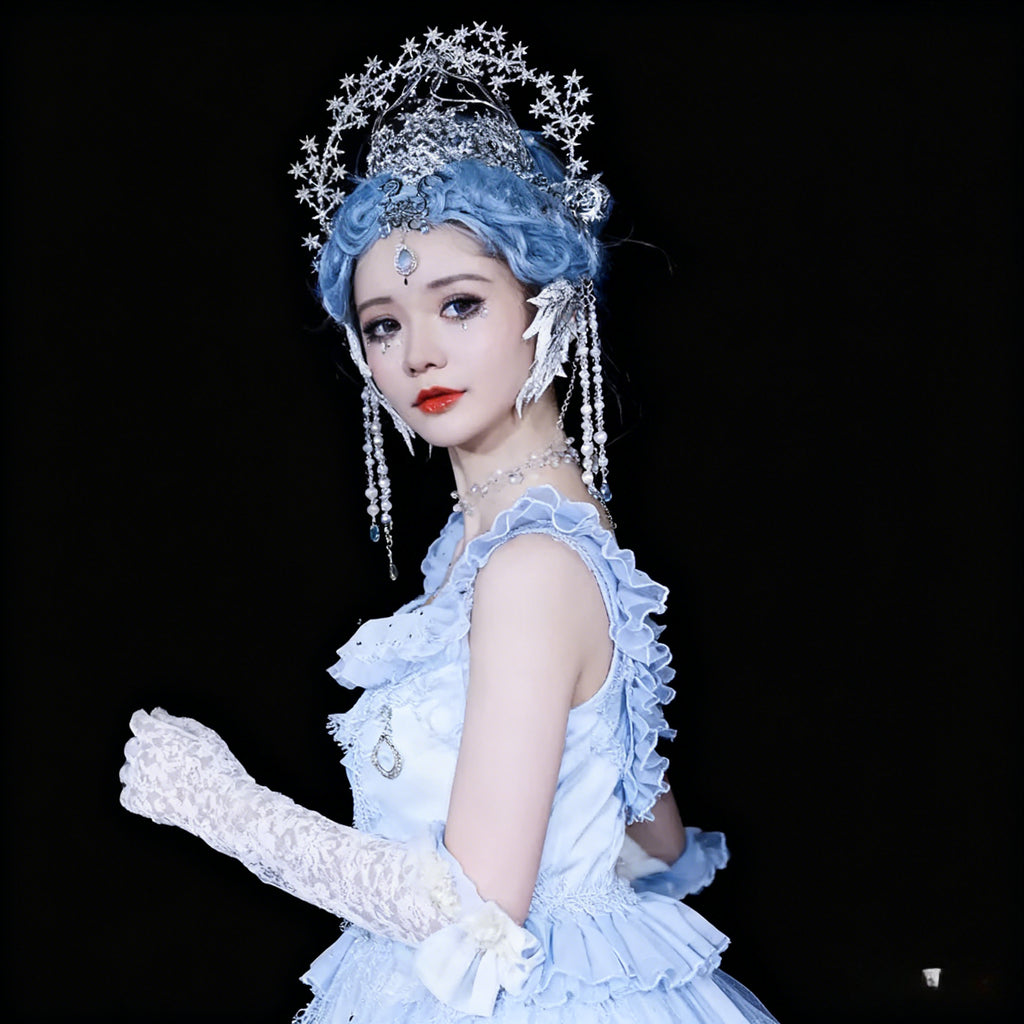 Lolita Celestial Accessory Set Silver Starlight Halo Crown Sequin Feather Wing Clips