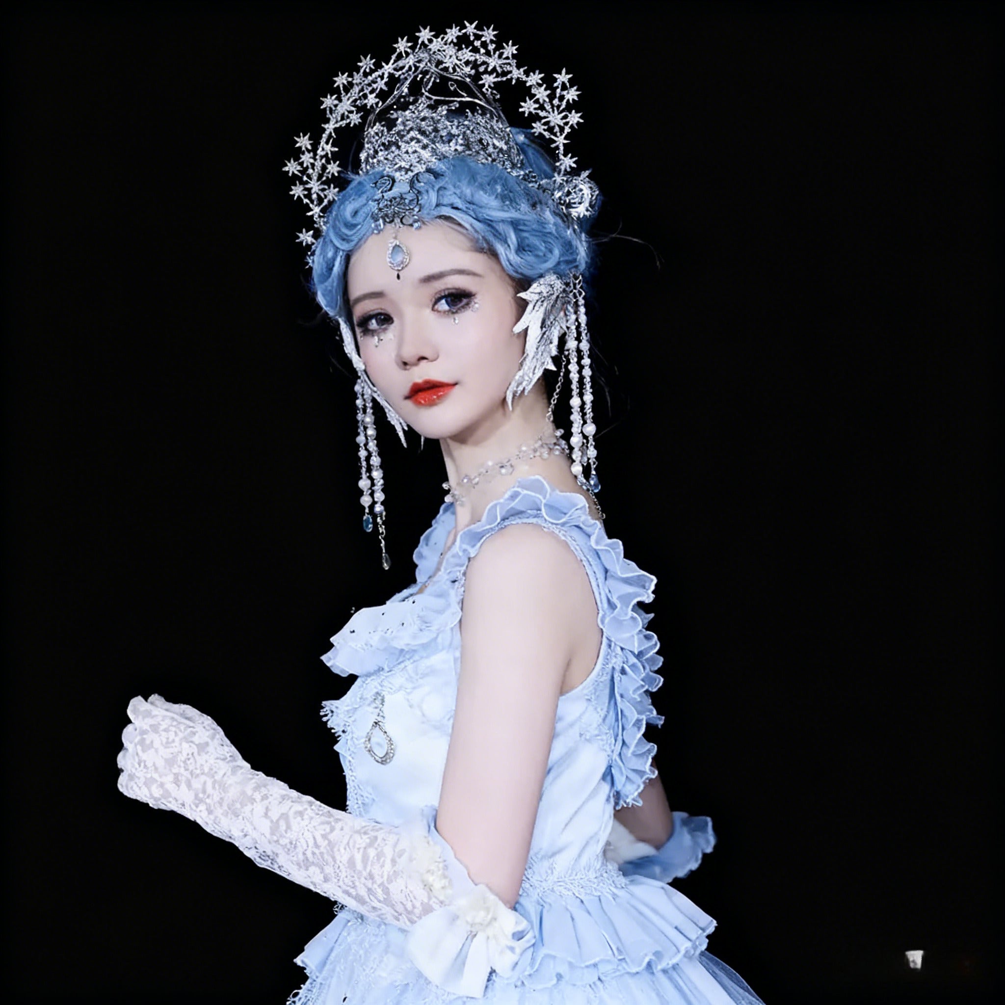 Lolita Celestial Accessory Set Silver Starlight Halo Crown Sequin Feather Wing Clips