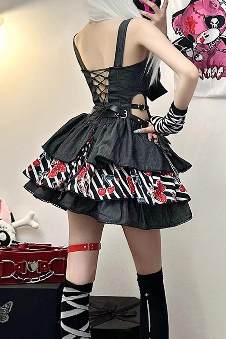Black Cherry Sleeveless Triple-Layered Print Ruffle Bowknot Denim Sweet Japanese Vintage Lolita Jsk Dress
