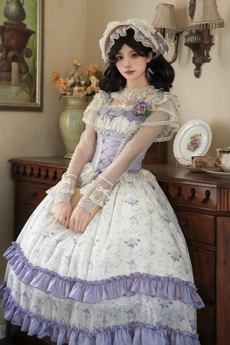 Purple/Ivory Iris Secrets Double-Layered Print Ruffle Bowknot Lace-Up Fake Two Pieces Sweet Lolita Jsk Dress