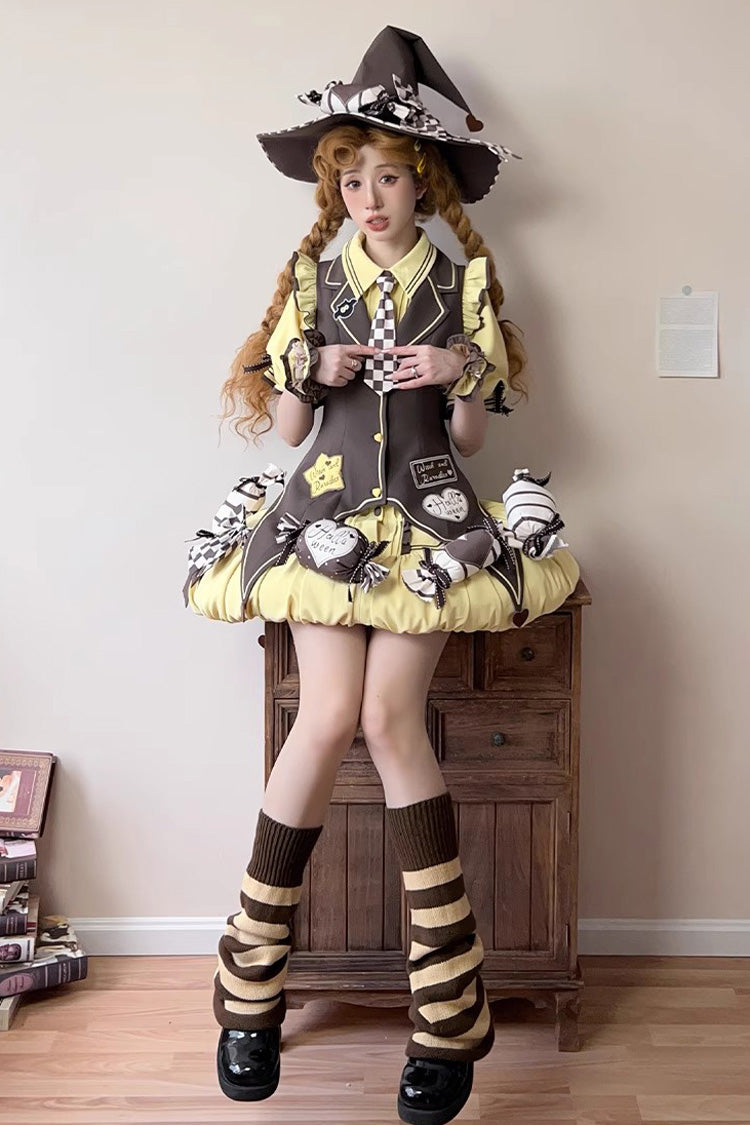 Brown/Yellow Witch and Paradise Short Sleeves Ruffle Bowknot Sweet Japanese Halloween Lolita Dress Vest Set