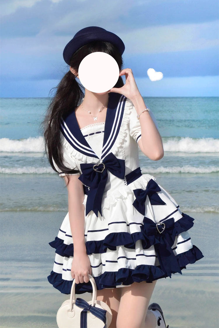 Dark Blue Navy Style Short Sleeves Double Layer Ruffle Bowknot Lace Sweet Lolita Dress