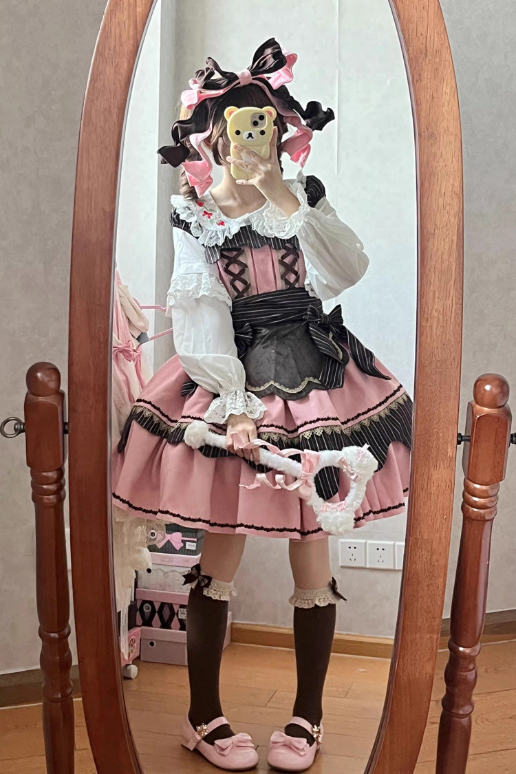Strawberry and Mint Chocolate Double-Layered Printed Bow Lace-Up Irregular Sweet Lolita Dress 2 Colors