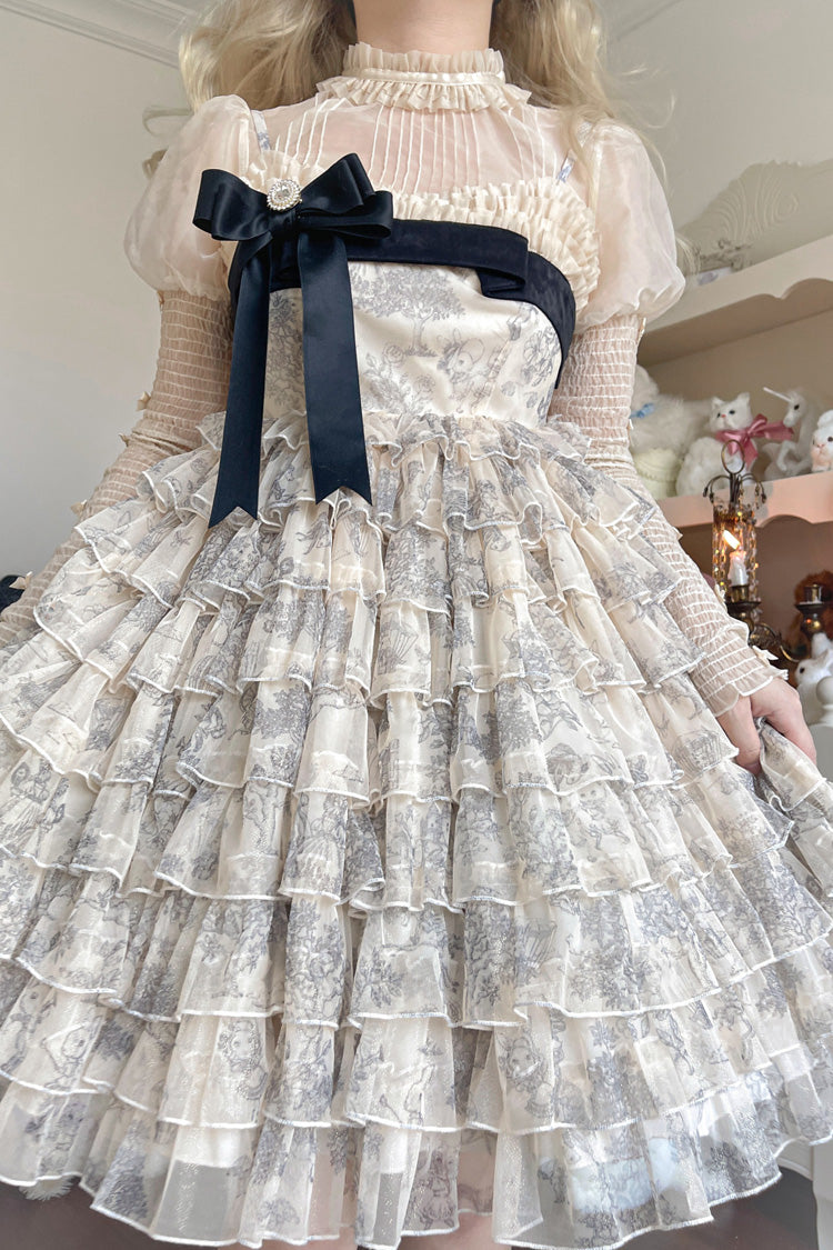 Multi-Color Wonderland Travels Multi-Layered Print Ruffle Bowknot Sweet Lolita Tiered Dress