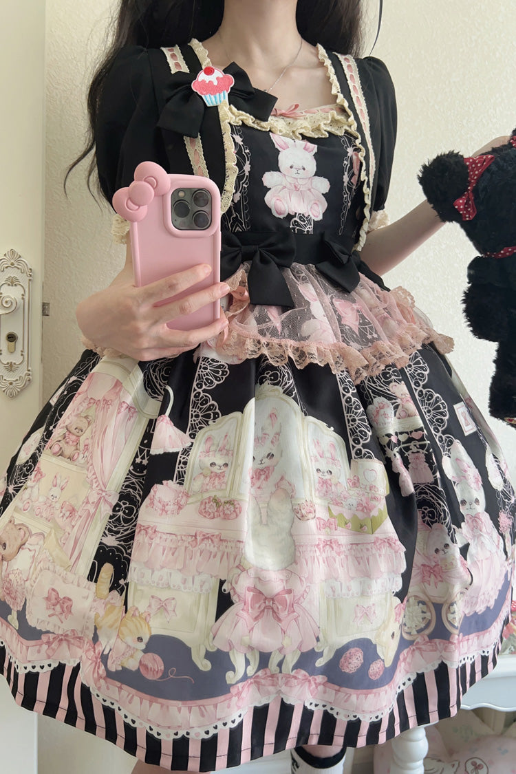 Rabbit Bear Wardrobe Print Ruffle Bowknot Sweet Lolita Dress 3 Colors
