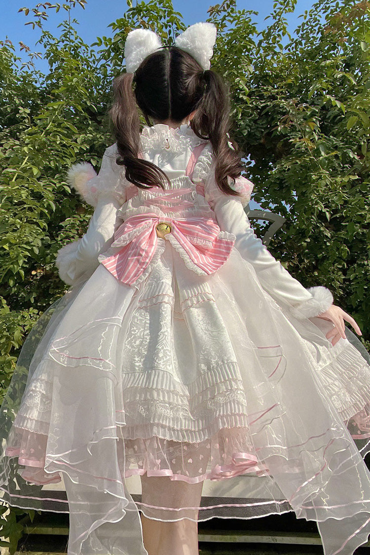 White/Pink Magic Meow Ruffle Bowknot Sweet Princess Lolita Jsk Dress