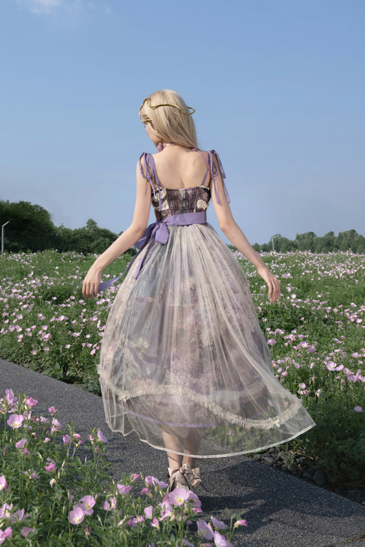 Purple Oil Painting – In the Shade of Blossoming Trees Sleeveless Print Ruffle Bowknot Lace Sweet Lolita Jsk Dress