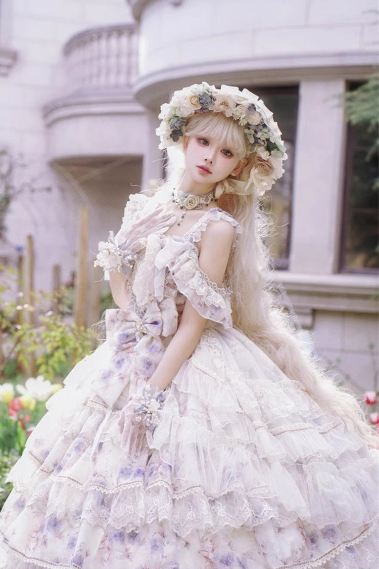 Blue Rose Letter Off Shoulder Triple-Layered Print Ruffle Hanayome Sweet Princess Lolita Dress