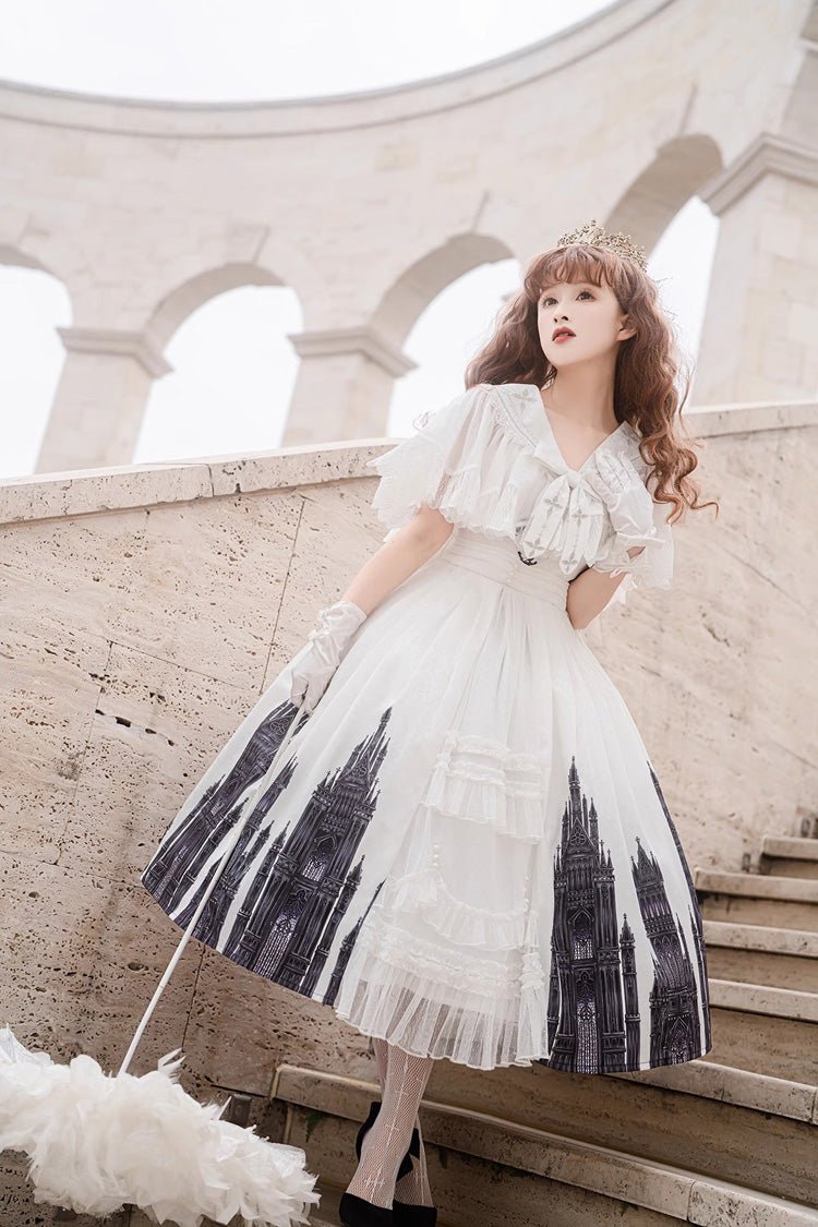 White Sleeveless Print Lace Gothic Vintage Princess Lolita Jsk Dress
