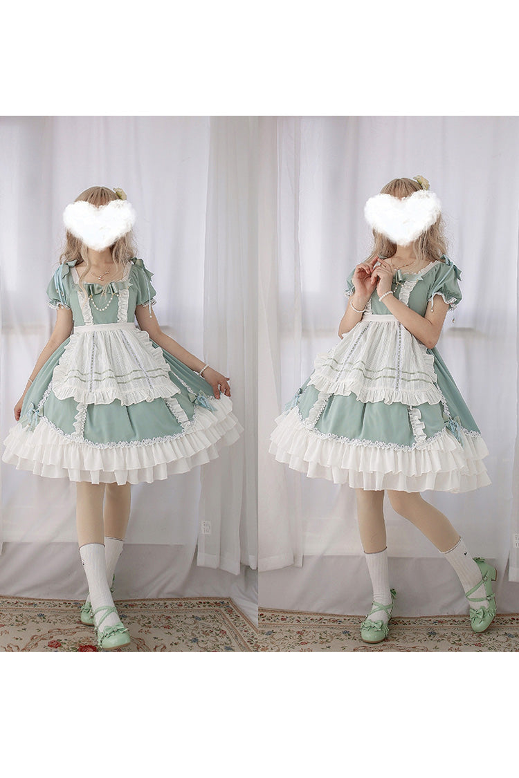 White/Green Spring Wood Branches Short Sleeves Ruffle Hanayome Bowknot Sweet Lolita Dress