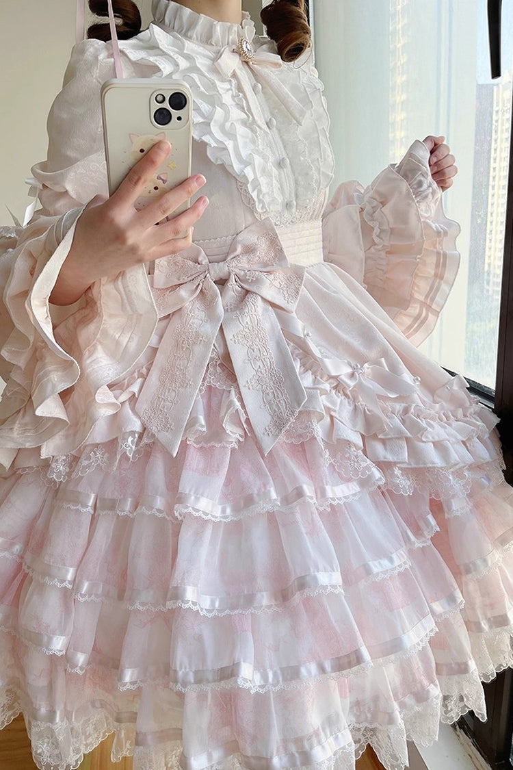 Pink The Soloist Doll Long Hime Sleeves Multi-Layered Print Ruffle Bowknot Asymmetric Sweet Lolita Dress