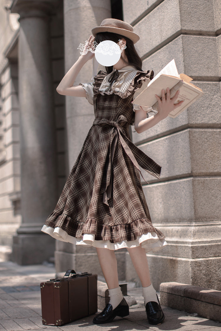 Brown The Thames at Dusk Print Short Sleeves Ruffle Bowknot Fake Two Pieces Vintage Lolita Dress
