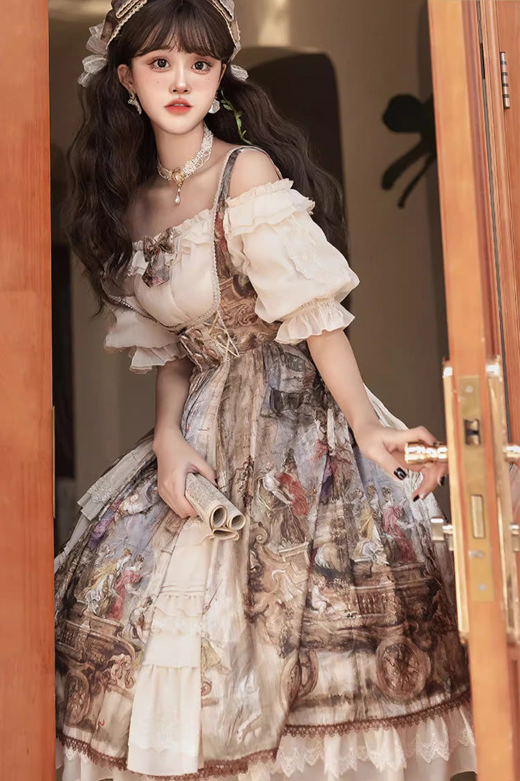 Brown Cloria Oil Painting Print Bowknot Lace Sweet Elegant Palace Lolita Jsk Dress